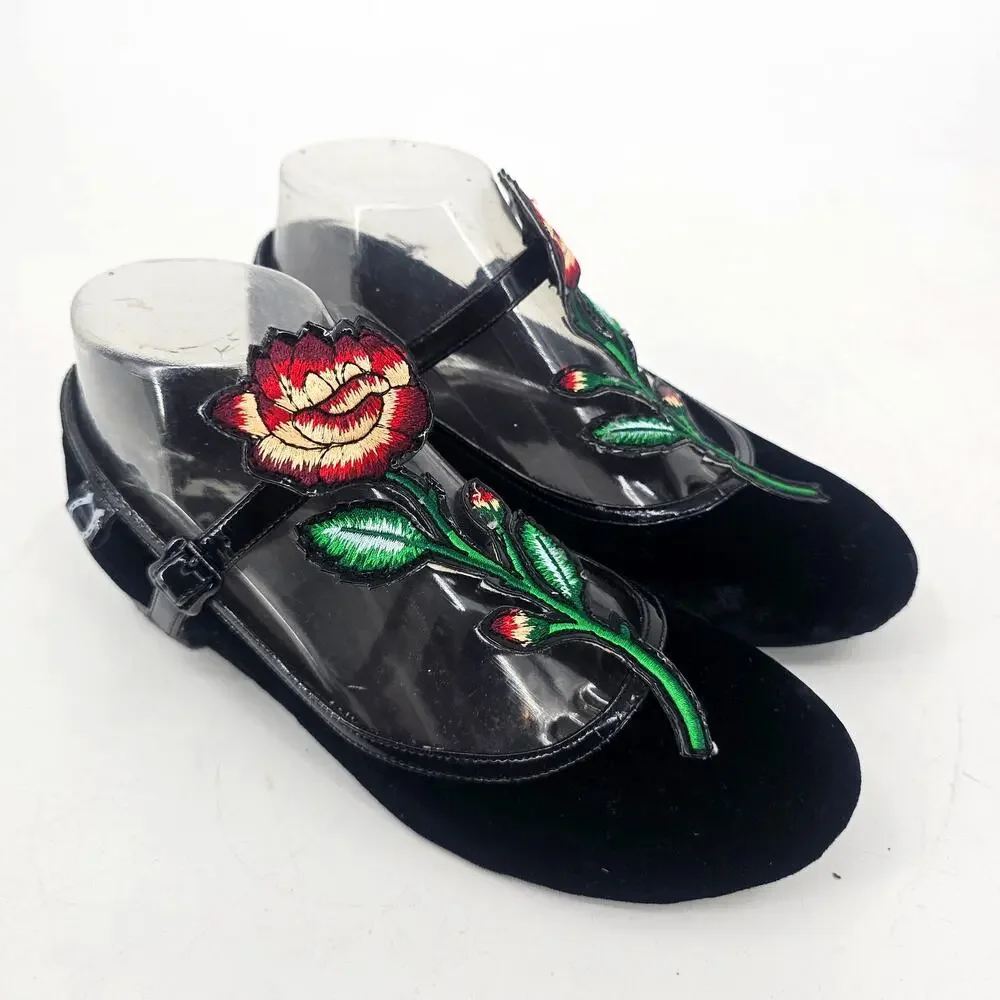 Miss L Fire Black Velvet Floral Embroidered Mary Jane Flats Ballet Shoe 37 6.5